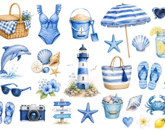 Può includere: Illustrazione ad acquerello di oggetti a tema spiaggia. Include un cestino da picnic, un costume da bagno blu, un secchio con sabbia, un ombrellone, occhiali da sole, stelle marine, conchiglie, un faro e una borsa tote. La tavolozza dei colori è principalmente blu e bianca.