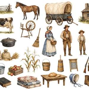 May include: Watercolor illustrations of various farm and pioneer life elements. Includes a brown horse, a covered wagon, a log cabin, a cow, a spinning wheel, a broom, and people in period clothing.