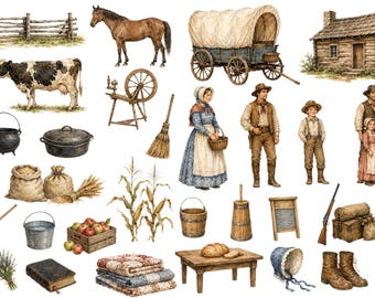 Pionier-Aquarell-Cliparts, Junk-Journal-Scrapbooking-Zubehör, Homestead-Digital-Download (PNG), Frontier-Grafiken, Alter Westen, Planwagen, Baumstamm