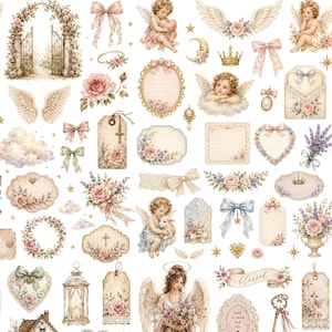 May include: A digital collage sheet featuring vintage-style illustrations of cherubs, floral arrangements, ornate frames, bows, wings, lanterns, and tags. The elements include soft pastel colors, roses, lavender, gold crowns, and religious motifs on a white background.