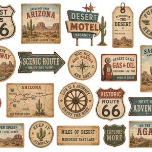 May include: A collection of twenty decorative signs featuring desert themes, Route 66 imagery, saguaro cacti, and vintage typography. The set includes various shapes like shields, arrows, rectangles, and circles with weathered textures and muted colors.