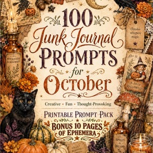 Printbare kunstideeënlijst voor oktober, Halloween-dagboekpagina, Junk Journaling, Vintage griezelige ontwerpuitdaging, Herfstkunstenaarsinspiratie