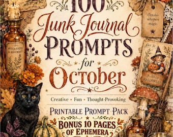 Lista de sugerencias artísticas de octubre, imprimible, para insertar en un diario de Halloween, para crear un diario creativo, con un toque vintage y un diseño espeluznante. Inspiración artística de otoño.