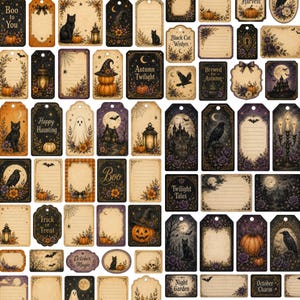 May include: A collection of rectangular and shaped paper tags featuring vintage-style Halloween illustrations including black cats, pumpkins, ghosts, ravens, haunted houses, lanterns, and floral accents with text like Boo to You and Happy Haunting.