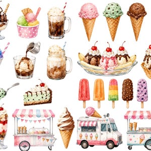 Watercolor Ice Cream Clipart Collection Digital PNG Files Transparent Background Pastel Colors Soft Illustration Style Ice Cream Cones Sundaes Popsicles Banana Splits Milkshakes Floats Parfaits Cheesecake Slices Ice Cream Trucks Carts