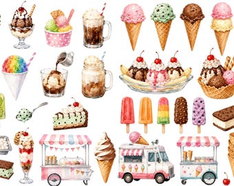 Può includere: Illustrazione ad acquerello di varie prelibatezze di gelato, tra cui coni, coppe, ghiaccioli e un camioncino dei gelati. L'immagine presenta una varietà di gusti e condimenti, come ciliegie, salsa al cioccolato e panna montata. Il tema generale è una rappresentazione colorata e invitante dei dessert estivi.