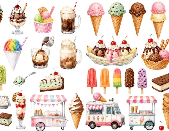 Watercolor Ice Cream Cone Clipart Collection Dessert Summer Party Graphic Design Pastel Illustration Artwork Digital Sweet Treat Printable