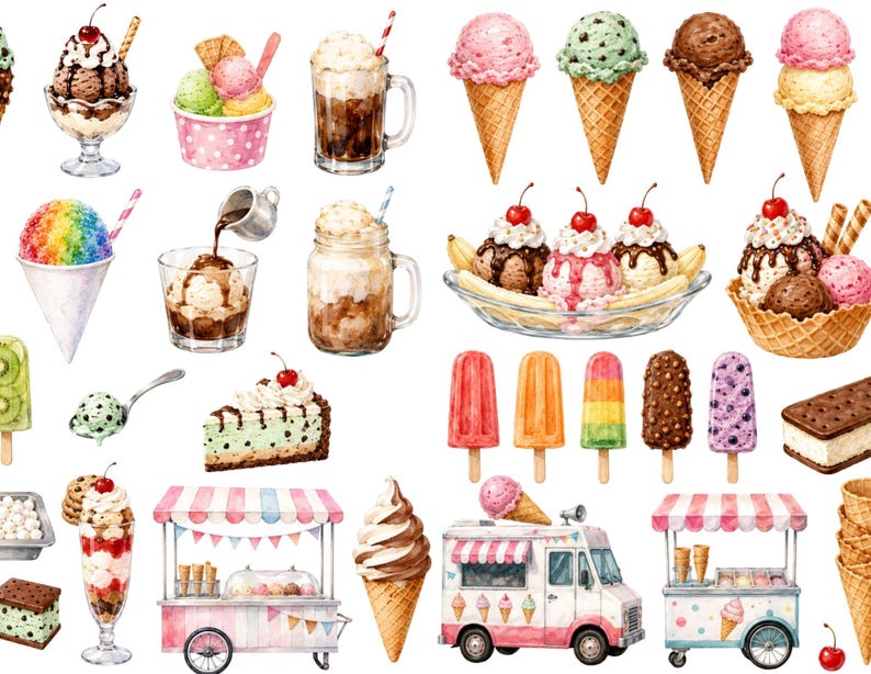 Watercolor Ice Cream Clipart Collection Digital PNG Files Transparent Background Pastel Colors Soft Illustration Style Ice Cream Cones Sundaes Popsicles Banana Splits Milkshakes Floats Parfaits Cheesecake Slices Ice Cream Trucks Carts