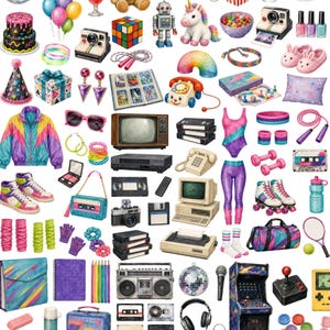 May include: A collection of retro 1980s and 1990s items including a neon windbreaker, roller skates, a boombox, a vintage television, a cassette player, a Rubik's cube, a disco ball, arcade game, video game console, and various colorful party accessories.