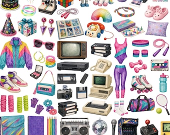 80er-Jahre-Ephemera-Druckvorlage, Scrapbook-Elemente, Junk-Journal-Zubehörset, Retro-Digitalpapier-Packung, Synthwave-Hintergrund, Vaporwave-Ästhetik-Kassette