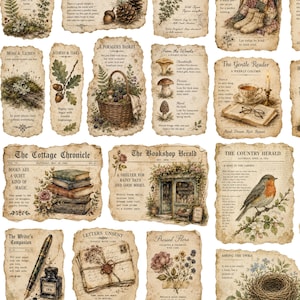 May include: A collection of rectangular paper stickers with torn edges, featuring vintage-style illustrations and text. Designs include a forager's basket, mushrooms, a stack of books, a robin on a branch, a fountain pen, and floral motifs.