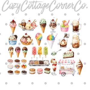 Pu&ograve; includere: Illustrazione ad acquerello di varie prelibatezze di gelato, tra cui coni, coppe e ghiaccioli. L'immagine presenta una variet&agrave; di gusti e condimenti, come ciliegie, salsa al cioccolato e zuccherini. &Egrave; presente anche un carretto dei gelati rosa, insieme al testo "Cozy Cottage Corner Co."