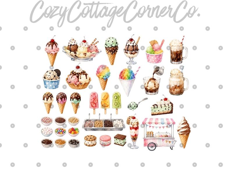 Pu&ograve; includere: Illustrazione ad acquerello di varie prelibatezze di gelato, tra cui coni, coppe e ghiaccioli. L'immagine presenta una variet&agrave; di gusti e condimenti, come ciliegie, salsa al cioccolato e zuccherini. &Egrave; presente anche un carretto dei gelati rosa, insieme al testo "Cozy Cottage Corner Co."