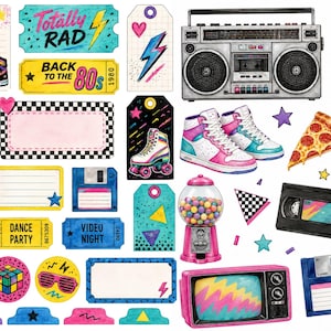 Retro Clipart Digital Download Printable Graphics Eighties Birthday Party Supplies Vintage Cassette Tape Illustration Nostalgic Boombox Image Bundle VHS Floppy Disk Roller Skates Sneakers Pizza Rubik Cube Sunglasses Geometric Patterns