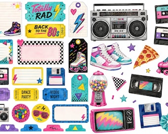 Può includere: Una collezione di illustrazioni colorate a tema anni '80. Include un boombox, scarpe da ginnastica alte, pattini a rotelle, musicassette, pizza ed etichette con testi come "Totally Rad" e "Back to the 80s". La tavolozza dei colori presenta rosa, turchese e giallo.