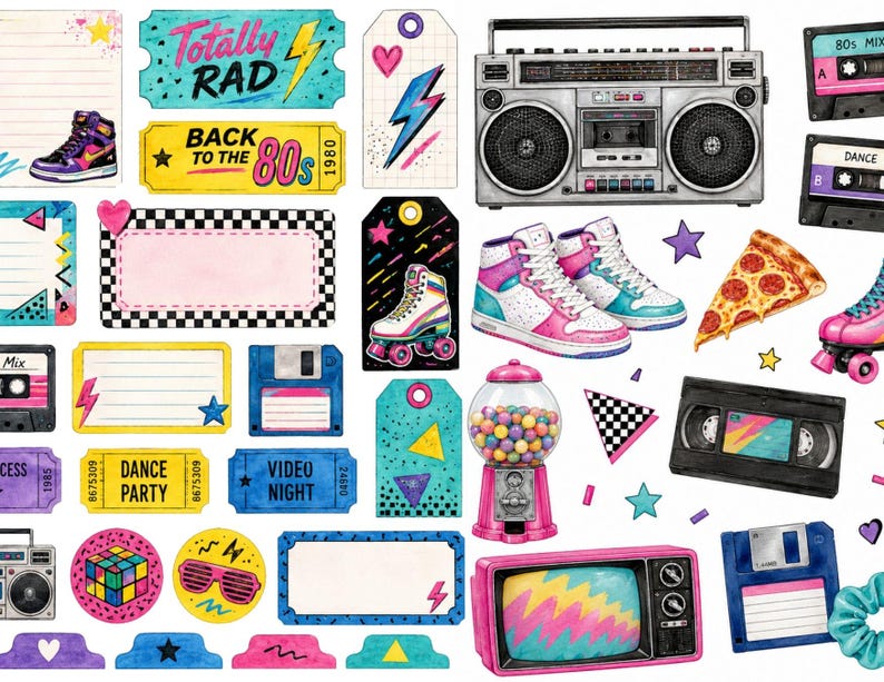 Retro Clipart Digital Download Printable Graphics Eighties Birthday Party Supplies Vintage Cassette Tape Illustration Nostalgic Boombox Image Bundle VHS Floppy Disk Roller Skates Sneakers Pizza Rubik Cube Sunglasses Geometric Patterns