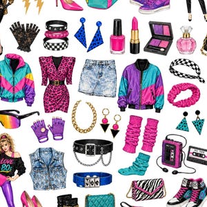 May include: A collection of 1980s-themed fashion items and accessories including neon windbreakers, acid-wash denim, leopard print dresses, fingerless gloves, chunky gold jewelry, high-top sneakers, cassette players, and vibrant makeup products.