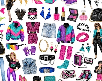 Op de afbeelding: Een verzameling modeartikelen en accessoires in jaren 80-stijl, waaronder neon windjacks, acid-wash denim, jurken met luipaardprint, vingerloze handschoenen, grove gouden sieraden, high-top sneakers, cassetterecorders en kleurrijke make-upproducten.