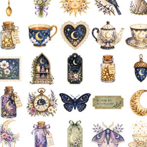 May include: A collection of celestial-themed stickers featuring illustrations of jars filled with stars, teacups, teapots, moons, moths, butterflies, clocks, and floral arrangements in shades of deep blue, purple, gold, and cream on a white background.