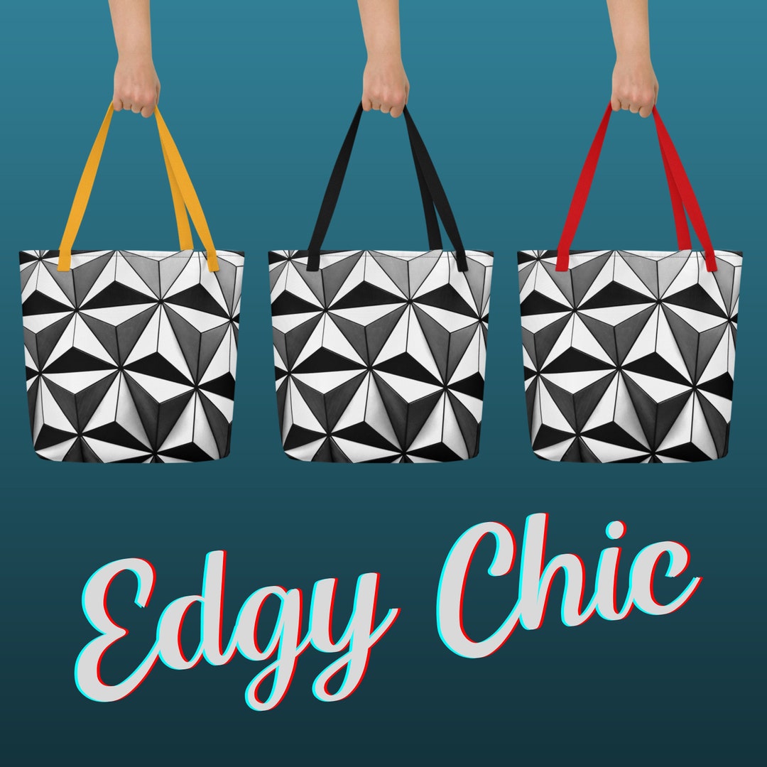Large Tote Bag, Inside Pocket, Black White Gray, Geometric Triangles 3D