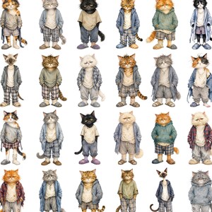 May include: A collection of twenty-four anthropomorphic cats standing in various casual outfits including hoodies, jumpers, plaid trousers, and robes. Each cat displays a unique fur pattern and colour, ranging from orange, grey, and black to calico.