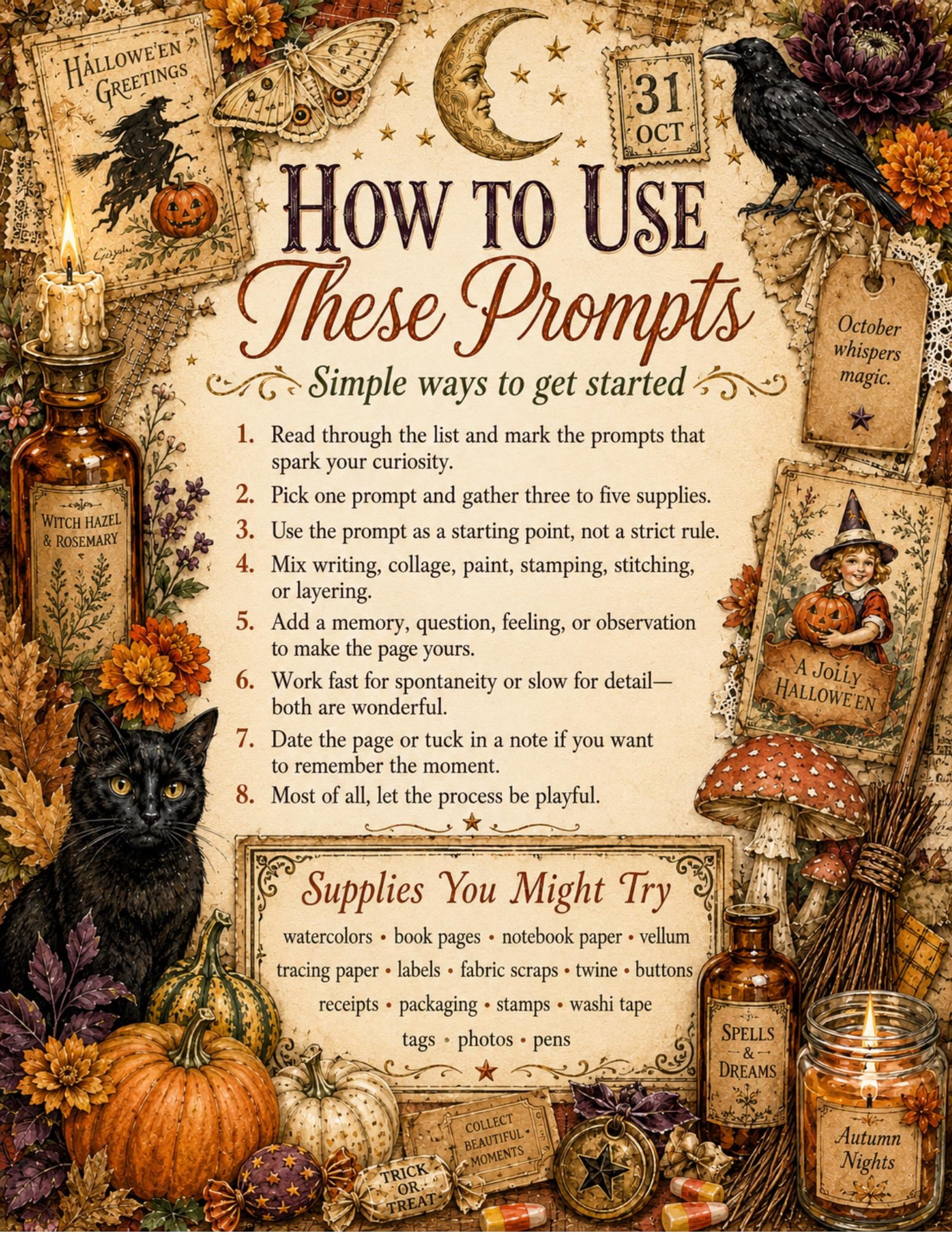 October Art Prompt List Printable Halloween Journal Page Insert Junk ...