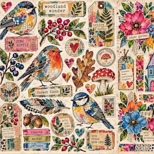 May include: A collection of die-cut paper ephemera featuring birds, flowers, mushrooms, acorns, and leaves. Text elements include woodland wonder, nature notes, paper garden, sing softly, forest finds, flowers make everything brighter, and good things grow here.