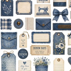 May include: A collection of denim-themed ephemera including tags, pockets, and labels. Features include a sewing machine illustration, a denim bow, floral motifs, and text such as Made to Last, Denim Days, Live in Denim, and stay true to you.