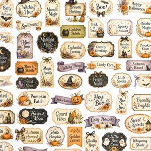 Könnte beinhalten: Eine Sammlung dekorativer Halloween-Anhänger und Banner aus Papier mit Illustrationen von Kürbissen, Geistern, Hexenhüten, Kesseln und Herbstblumen. Jedes Teil enthält festliche Schriftzüge wie Boo, Witching Hour und Pumpkin Patch.