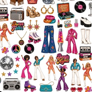 Könnte beinhalten: Eine Sammlung von Illustrationen im Disco-Stil der 1970er Jahre mit Personen in Pailletten-Overalls und Schlaghosen, Rollschuhen, Schallplatten, Kassetten, Lavalampen, Ghettoblastern, Discokugeln, Friedenszeichen und Sternmotiven in leuchtenden Farben.