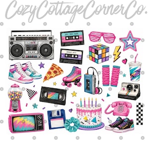 K&ouml;nnte beinhalten: Eine Sammlung von Aquarellillustrationen mit 1980er-Jahre-Nostalgie. Enth&auml;lt eine Boombox, Kassetten, Rollschuhe, einen Zauberw&uuml;rfel, einen Kaugummiautomaten, einen Retro-Fernseher, einen Kuchen und andere ikonische Gegenst&auml;nde in leuchtenden Farben.
