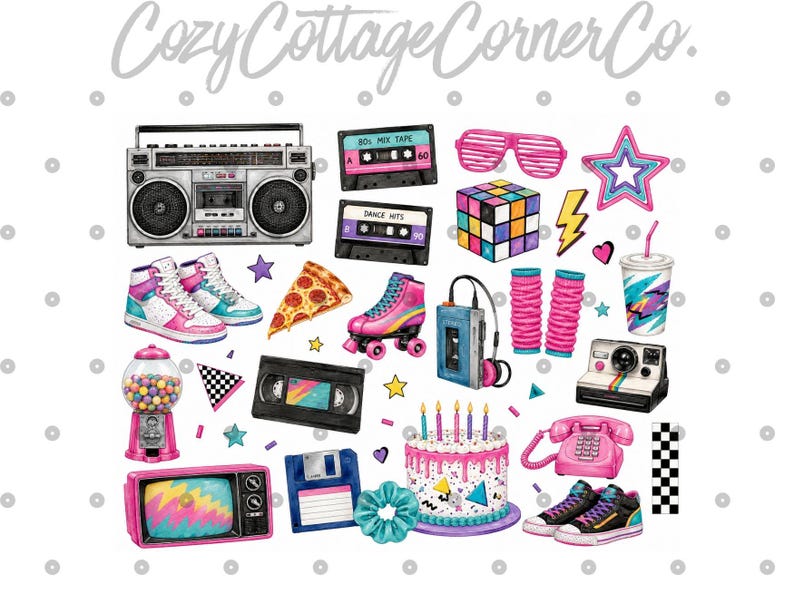 K&ouml;nnte beinhalten: Eine Sammlung von Aquarellillustrationen mit 1980er-Jahre-Nostalgie. Enth&auml;lt eine Boombox, Kassetten, Rollschuhe, einen Zauberw&uuml;rfel, einen Kaugummiautomaten, einen Retro-Fernseher, einen Kuchen und andere ikonische Gegenst&auml;nde in leuchtenden Farben.