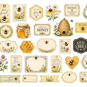 May include: A collection of vintage-style bee-themed stickers and labels. Designs include honey jars, honeycombs, bees, flowers, and text like "Bee Kind" and "Sweet as Honey." The color palette features yellow, cream, and brown tones.