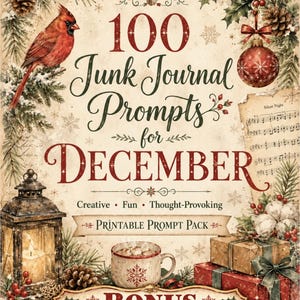 Lista över konstuppmaningar för december Utskrivbar skräpjournal Inlägg av blandade tekniker Konstjournaling Julutmaning Vinter Kreativa idéblad