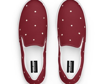 Polka Dot Women’s slip-on canvas shoes, Maroon with dots, maroon shoes, red with dots shoes, red shoes, Polka Dot Shoes