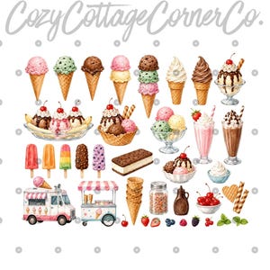 Pu&ograve; includere: Illustrazione ad acquerello di varie prelibatezze di gelato, tra cui coni, coppe, ghiaccioli e sandwich di gelato. L'immagine presenta anche camioncini di gelati, condimenti e frutta fresca. Il testo "Cozy Cottage Corner Co." &egrave; in alto.