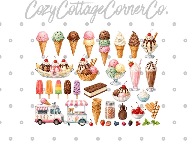 Pu&ograve; includere: Illustrazione ad acquerello di varie prelibatezze di gelato, tra cui coni, coppe, ghiaccioli e sandwich di gelato. L'immagine presenta anche camioncini di gelati, condimenti e frutta fresca. Il testo "Cozy Cottage Corner Co." &egrave; in alto.