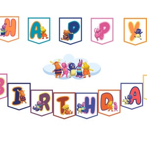 May include: A vibrant birthday banner spelling out "BIRTHDAY" across individual pennants. Each pennant displays a letter and a cartoon character. The design uses bright colours and a playful theme.