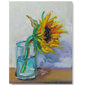 Oil painting sunflower, sunflower in glass vase, yellow flower painting, floral oil painting, still life painting, botanical art