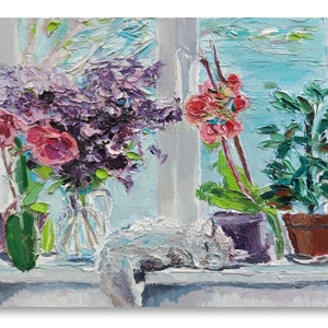 Peinture à l'huile chat, peinture à l'huile chat parmi les fleurs, peinture à l'huile chat blanc, peinture à l'huile fleurs, peinture à l'huile fenêtre, peinture à l'huile plante