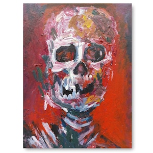 Schedel schilderen op een rode achtergrond. De afbeelding is geschilderd met acrylverf op papier. Menselijk skelet. Skelet horrorportret