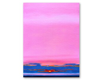 Könnte beinhalten: Ein Gemälde, das einen rosafarbenen Sonnenuntergang über einem blauen Meer zeigt. Die Sonne geht in der Ferne unter und der Himmel ist in einem leuchtenden Rosaton gehalten. Das Meer ist tiefblau und es sind einige Wolken am Himmel zu sehen.