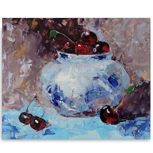 Oil painting cherries, painting pot, still life cherries, oil painting still life fruits, painting red berries, still life painting food art