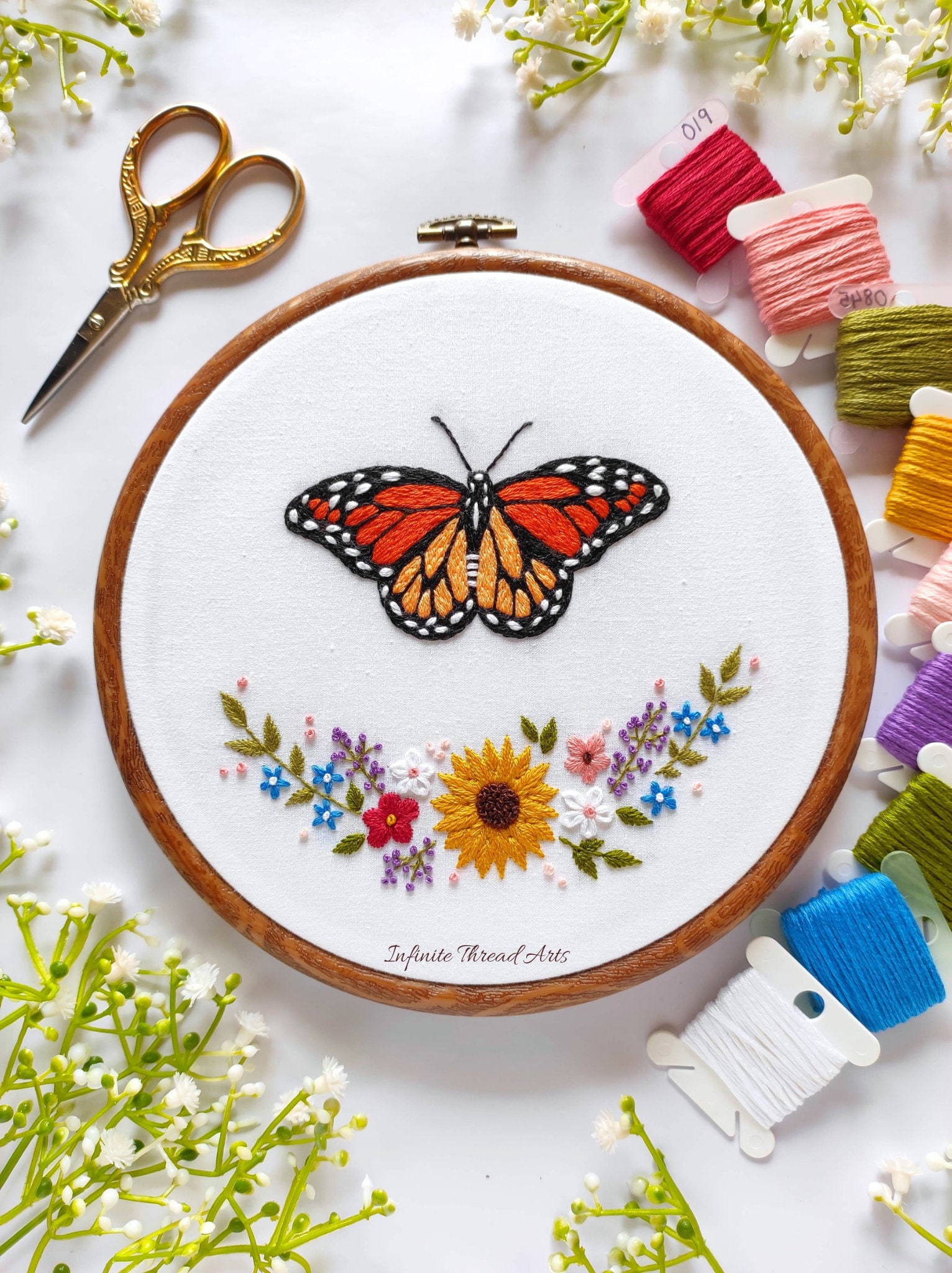 Monarch Butterfly Embroidery Pattern: Floral Garden DIY  display picture 3