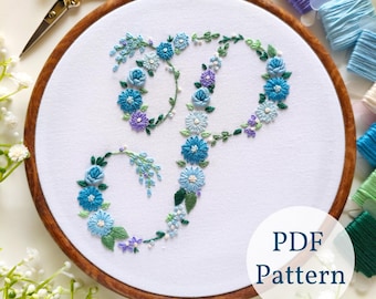 Modello di ricamo floreale con lettera P, fai da te moderno (modello PDF)