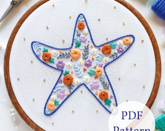 Motivo per ricamo floreale a forma di stella marina: creatura marina fai da te (schema digitale)