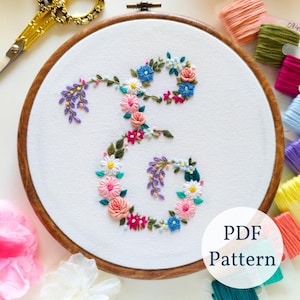 Patrón PDF del alfabeto floral "E", patrón PDF digital, descarga instantánea, manualidad para hacer tú mismo, bordado a mano