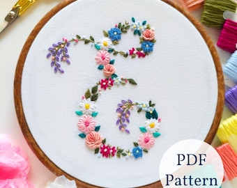 Modello di ricamo floreale con lettera 'E': PDF digitale fai da te