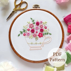 Cup Of Flowers Embroidery PDF Pattern, Floral Hand Embroidery Pattern, Digital Pattern, DIY Hand Embroidery, Flower Embroidery For Beginners