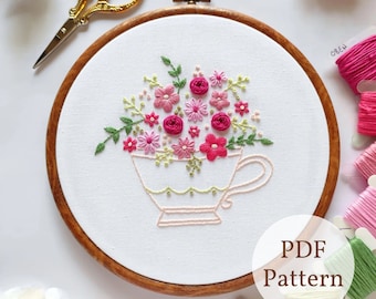 Schema per ricamo di tazze floreali: punto a mano fai da te per principianti (schema PDF)